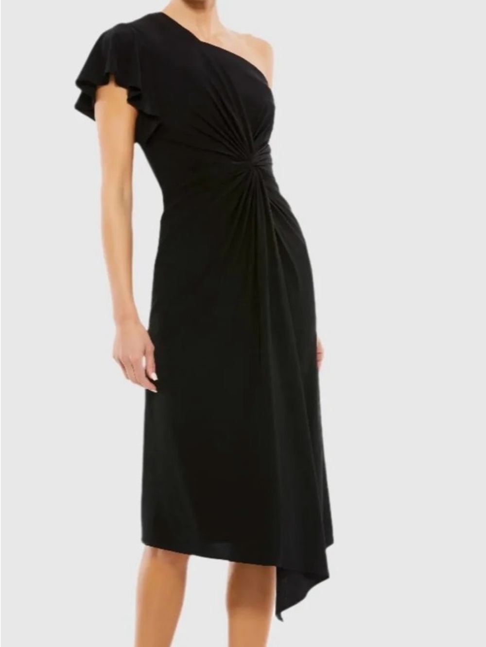 Mac Duggal Black One-Shoulder Knot-Front Asymmetric Midi Dress
